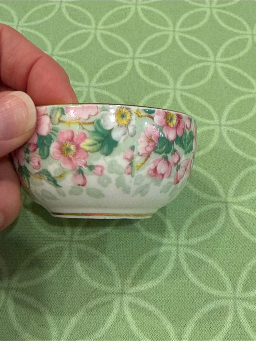 Pink & Green Maytime Floral Mahjong Dice Porcelain Dish Gold Rim